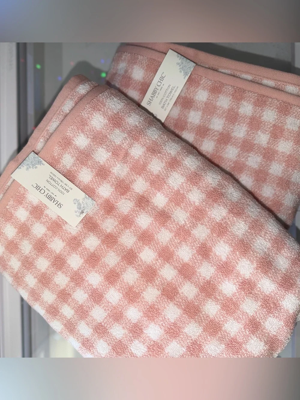 Farmhouse shabby chic Rachel Ashwell pink white gingham plaid bath hand towels